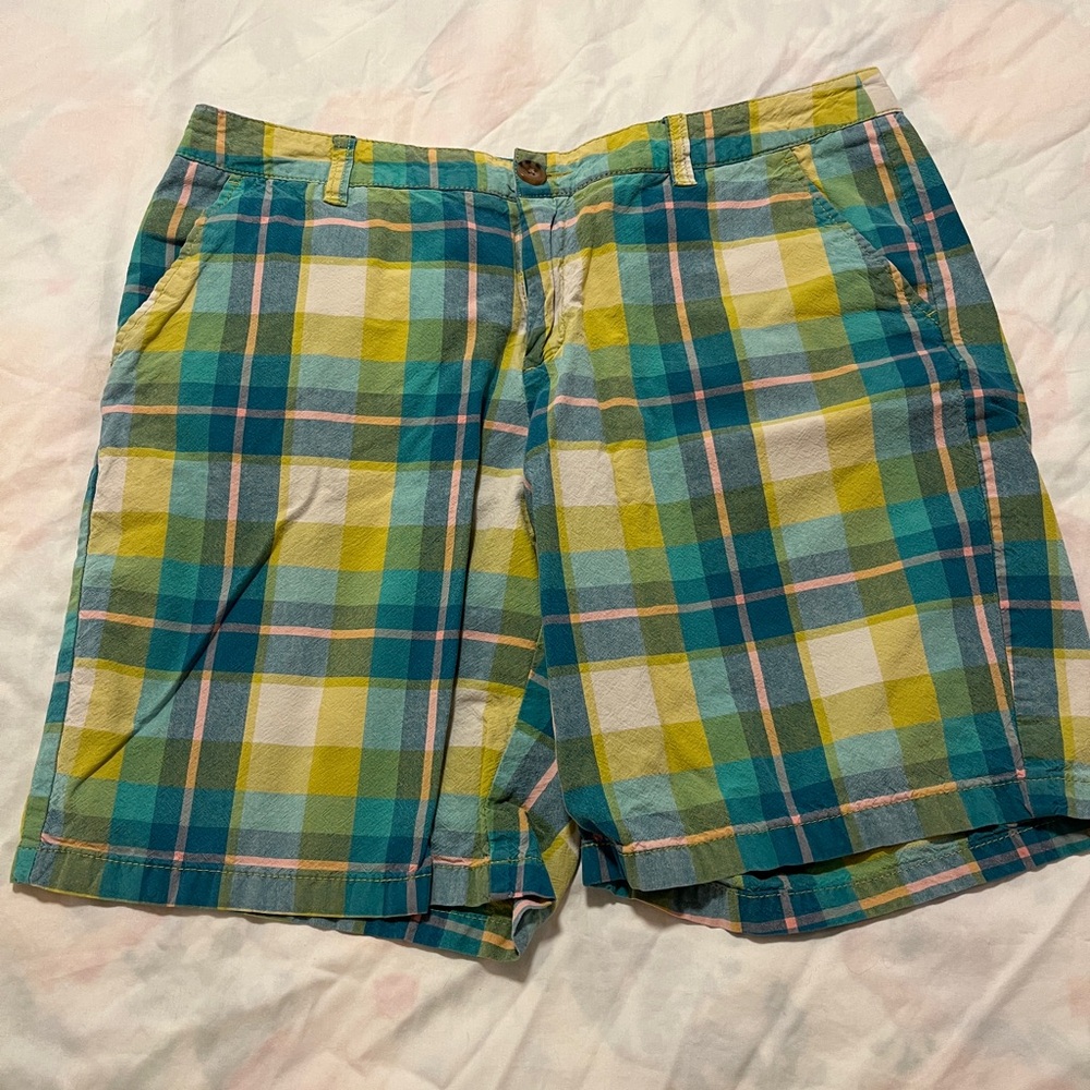 Merona womens Plaid Shorts in Blue, Yellow, and Green